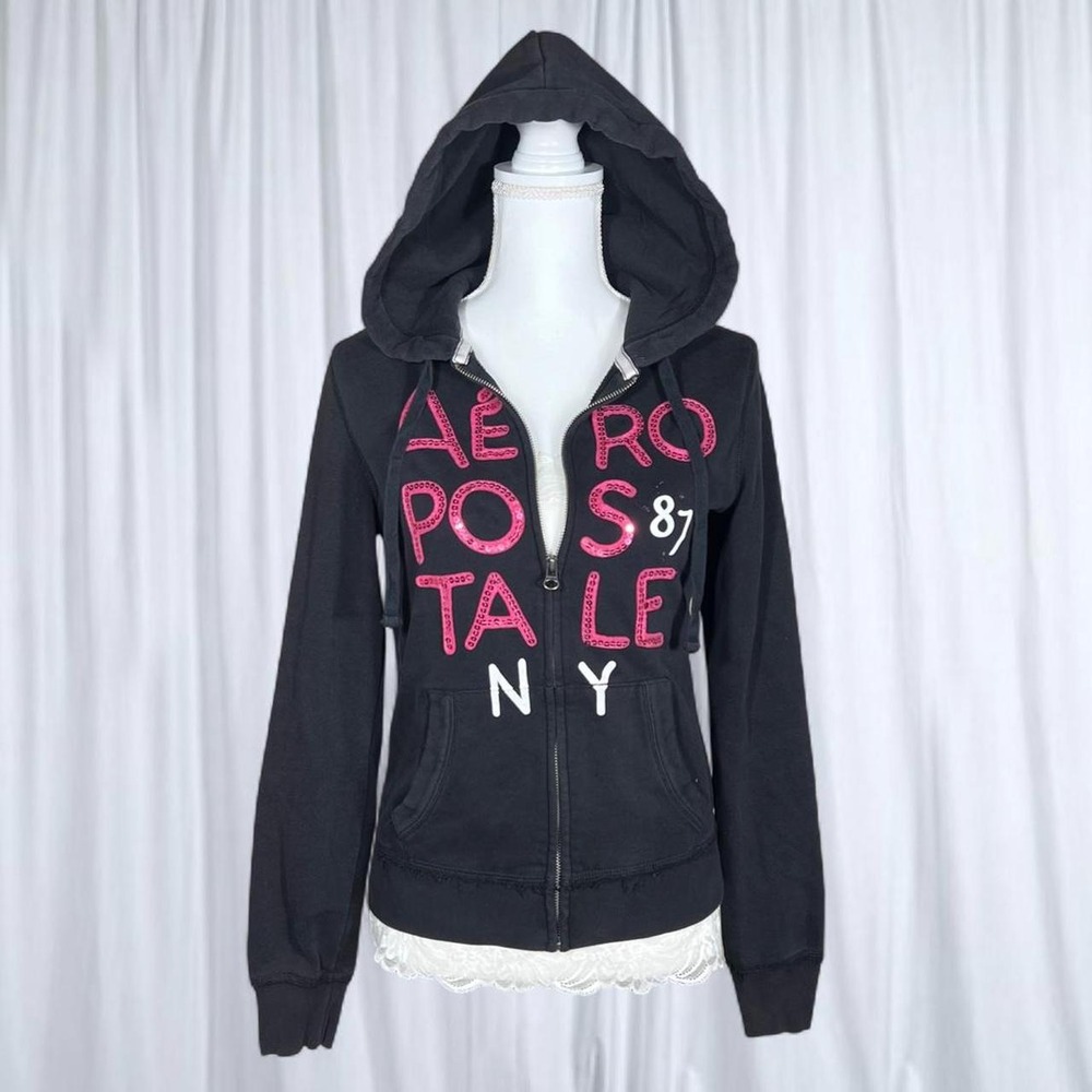 Aeropostale Black Logo Zip Up Hoodie Jacket Y2K 2000s